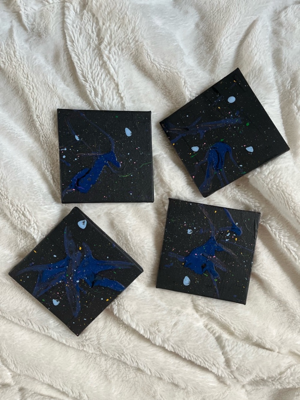 Hand-Painted Abstract Mini Canvas Wall Art Set in Black and Blue